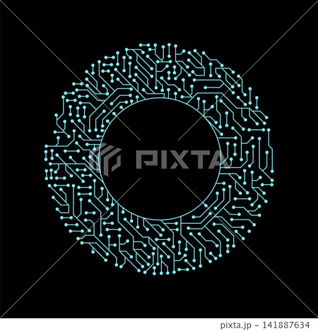 Circuit board circle frame. Abstract digital round frame, hardware board and electronic motherboard pattern vector. Programming science, computer system element 141887634