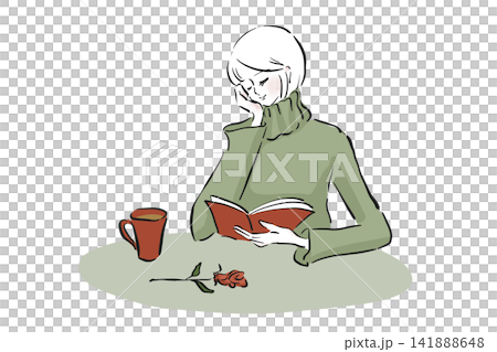 A woman in a turtleneck sweater reading a book in a cafe. A woman in a turtleneck sweater reading a book in a cafe. 141888648
