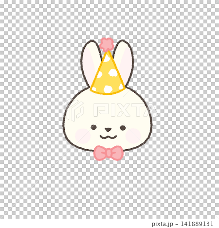 A white rabbit face icon wearing a party hat and bow tie. A white rabbit face icon wearing a party hat and bow tie. 141889131