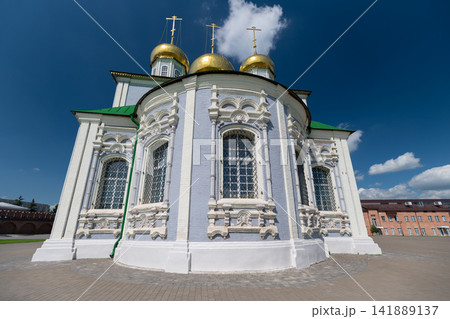 Glistening domes and intricate architecture of Cathedral of the Assumption in Tula Russia under a bright blue sky Glistening domes and intricate architecture of Cathedral of the Assumption in Tula Russia under a bright blue sky 141889137