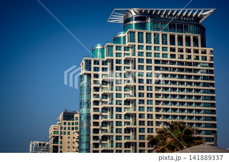 Modern hotel skyline and Mediterranean coastline seen from the Charles Clore promenade in Tel Aviv 141889337