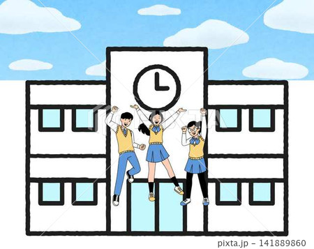 学校の前でジャンプする笑顔の学生たち 141889860
