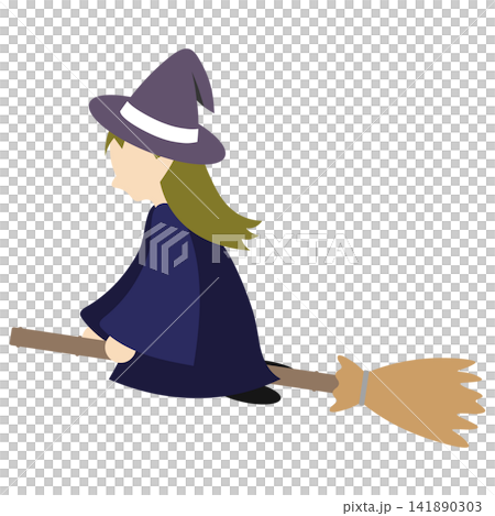 ほうきに乗って空を飛ぶ可愛い魔女のイラスト 141890303