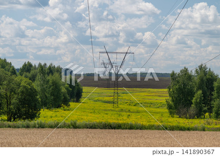 Vibrant countryside landscape with power lines stretching across lush green fields under a bright blue sky 141890367