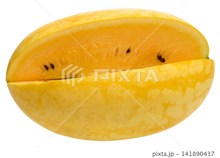 A cut yellow watermelon with seeds close-up, isolated background A cut yellow watermelon with seeds close-up, isolated background 141890437