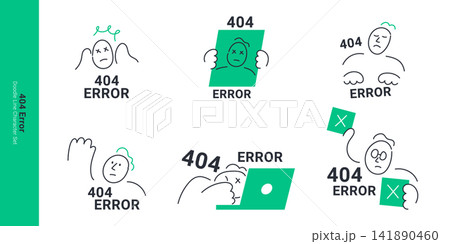 404 error page and website problem concepts. Doodle line characters feeling confused, frustrated with laptop error, missing link, and system crash warning. 141890460