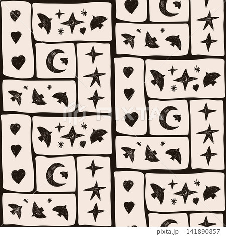Bird in geometric patchwork tiles forms a folk seamless pattern on cream. Crayon bird with geometric frame, moon and stars as a vector print. Naive dove hearts and crescent in bento tiles seamless bg 141890857