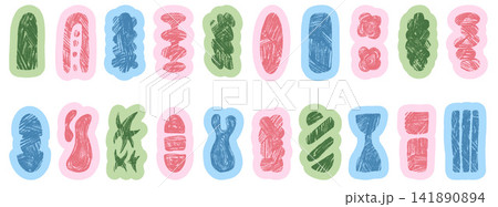 Pastel cutout shape stickers with soft crayon doodle for kid scrapbook. Cute green and pink abstract figures and gentle rounded organic edges. Vector pastel colors sticker set in soft naive baby charm Pastel cutout shape stickers with soft crayon doodle for kid scrapbook. Cute green and pink abstract figures and gentle rounded organic edges. Vector pastel colors sticker set in soft naive baby charm 141890894