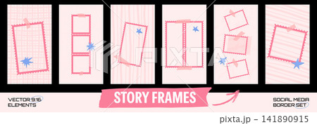 Photo stamp frame set of taped story panels and postage cutouts. Pink stripes and checks hold blue stars around blank spaces. Vector photo strips and collage set for social media or scrapbook design Photo stamp frame set of taped story panels and postage cutouts. Pink stripes and checks hold blue stars around blank spaces. Vector photo strips and collage set for social media or scrapbook design 141890915