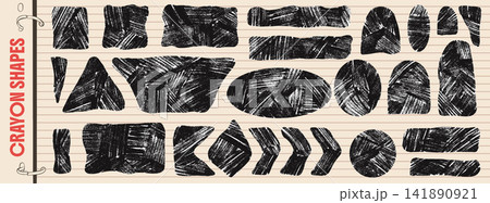 Organic rectangle set with rolled ink and crosshatch character. Charcoal texture fills wavy squares, arc and rough arrows. Organic ovals, circle vector for advertising layout or poster design Organic rectangle set with rolled ink and crosshatch character. Charcoal texture fills wavy squares, arc and rough arrows. Organic ovals, circle vector for advertising layout or poster design 141890921