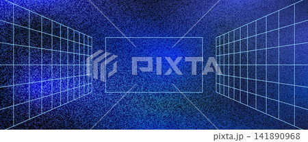 Grid grain room surrounds a rectangular panel. Blue grain texture covers the walls between two receding grid planes. Angular vector chamber with violet glow and open frame for futuristic cover design Grid grain room surrounds a rectangular panel. Blue grain texture covers the walls between two receding grid planes. Angular vector chamber with violet glow and open frame for futuristic cover design 141890968