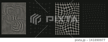 Grid halftone set of mesh panels. White dots and black grunge surfaces create lattice waves with varied density. Retro vector grid and halftone collection for gaming banner or music event poster Grid halftone set of mesh panels. White dots and black grunge surfaces create lattice waves with varied density. Retro vector grid and halftone collection for gaming banner or music event poster 141890977