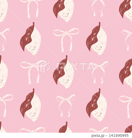 Monochrome pink lemon pattern with cream fruit and leaf. Coquette bow ribbon print for summer textile in botanical crayon. Pastel lemon pattern vector seamless with whimsical floral Monochrome pink lemon pattern with cream fruit and leaf. Coquette bow ribbon print for summer textile in botanical crayon. Pastel lemon pattern vector seamless with whimsical floral 141890995