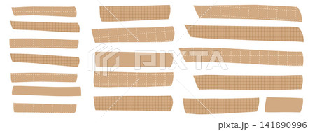 Paper tape strips form a scrapbook set of beige rectangles. Washi pieces show grid mesh and hand drawn dash patterns. Vector paper tape collection for collage layout or scrapbook design 141890996
