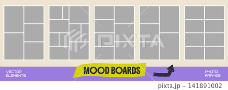 Moodboard gallery set with five modular photo grids and panels. Gray placeholders on a cream background. Vector moodboard gallery collection for social media story design or creative idea projects 141891002