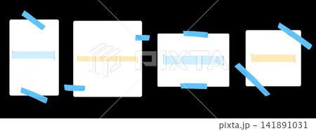 Quote highlight set of taped note cards with text bars. Blue tape and pale emphasis boxes form a collage on black. Vector quote highlight collection for scrapbook layout or social media collection 141891031