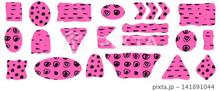 Rectangle element set with pink shapes and black drawn patterns. Oval, arc pieces include polka dots and rough dash marks on white. Element vector collection for classroom poster or education flyer Rectangle element set with pink shapes and black drawn patterns. Oval, arc pieces include polka dots and rough dash marks on white. Element vector collection for classroom poster or education flyer 141891044