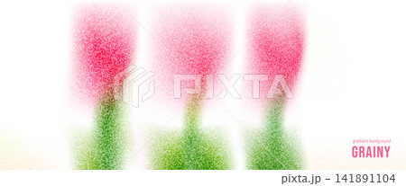 Grainy flower silhouettes for spring poster template and holiday card. Tulip blooms with soft blur on grainy warm background. Vector flower set with gentle floral gradation and grunge noise bg 141891104