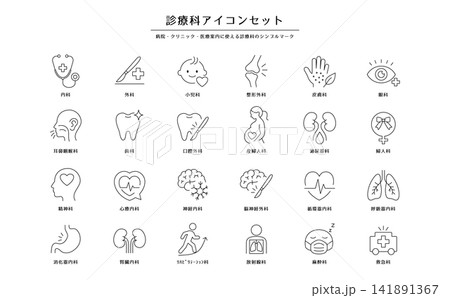診療科・医療案内を表すシンプル線画アイコンセット	 141891367
