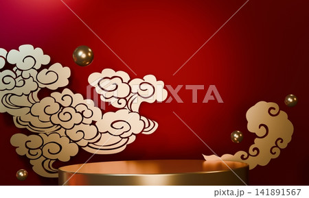 China red style stage podium decoration chinese for present products.3D rendering China red style stage podium decoration chinese for present products.3D rendering 141891567