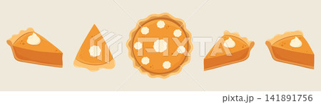 Thanksgiving autumn flat design pumpkin pie set features a whole pie and various slices with whipped cream. Thanksgiving autumn flat design pumpkin pie set features a whole pie and various slices with whipped cream. 141891756