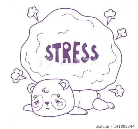 Outline Sad Kawaii Panda Lying Crushed By Heavy Boulder With Stress Text. Emotional Burnout And Mental Pressure. Tired Unhappy Bear Character. Line drawing, coloring page. Vector Illustration. 141892344