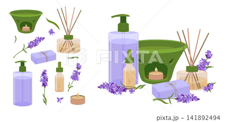 Vector Aromatherapy Products. A composition with lavender, reed diffuser, bottle with dropper, essential oils, liquid soap dispenser and aroma lamp. Perfect for spas, wellness, beauty treatments. Vector Aromatherapy Products. A composition with lavender, reed diffuser, bottle with dropper, essential oils, liquid soap dispenser and aroma lamp. Perfect for spas, wellness, beauty treatments. 141892494