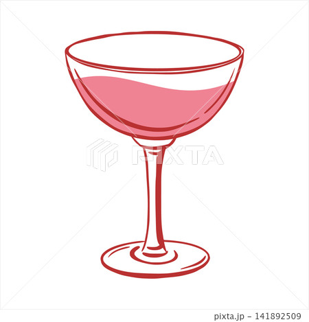 Hand drawn vector sketch illustration of a glass of rose wine. A decorative element for a bachelorette party, wedding celebration, or wedding invitations. Line art cute cocktail in a Coquette style. 141892509