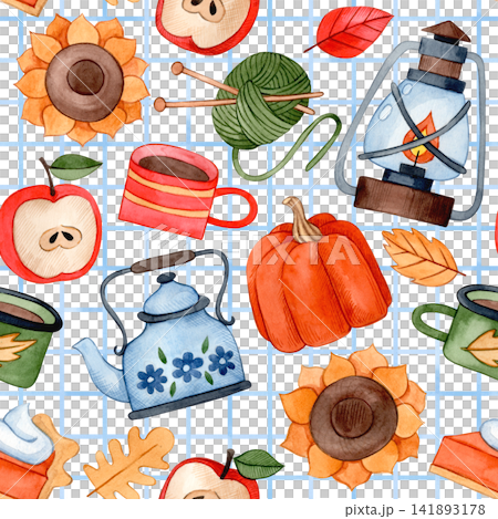Cozy autumn pattern. Cute watercolor illustrations on a plaid background. Picnic in the forest. Cozy autumn pattern. Cute watercolor illustrations on a plaid background. Picnic in the forest. 141893178