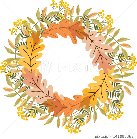 wreath with oak leaves, rowan leaves and yellow tansy flowers wreath with oak leaves, rowan leaves and yellow tansy flowers 141893365