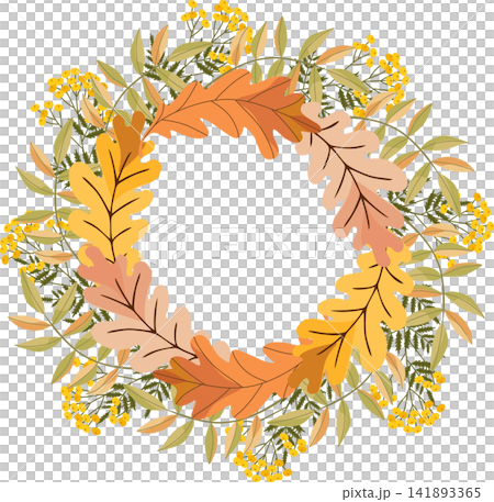 wreath with oak leaves, rowan leaves and yellow tansy flowers wreath with oak leaves, rowan leaves and yellow tansy flowers 141893365