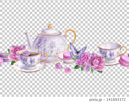 Romantic seamless watercolor border with a vintage tea set, pink peonies, macarons, petals and a purple butterfly. Perfect for invitations, stationery, packaging and tea party designs Romantic seamless watercolor border with a vintage tea set, pink peonies, macarons, petals and a purple butterfly. Perfect for invitations, stationery, packaging and tea party designs 141893372