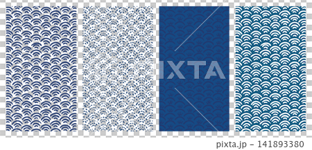 A set of four hand-painted Seigaiha (wave pattern) Japanese-style backgrounds - traditional Japanese motifs, vertical orientation. A set of four hand-painted Seigaiha (wave pattern) Japanese-style backgrounds - traditional Japanese motifs, vertical orientation. 141893380