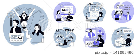 Seo optimization flat concepts set for web design. People researching website traffic data, finding query in browser, selecting keywords, optimizes site metrics and doing links. Vector illustrations. Seo optimization flat concepts set for web design. People researching website traffic data, finding query in browser, selecting keywords, optimizes site metrics and doing links. Vector illustrations. 141893490