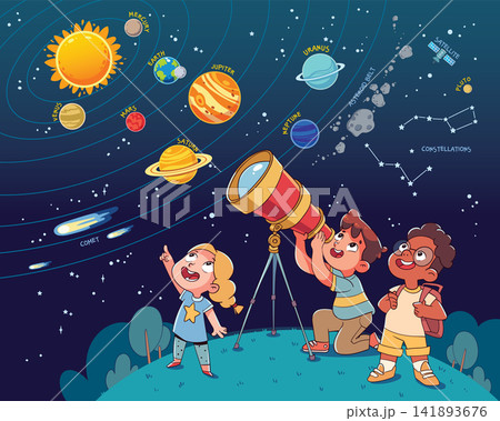 Educational space illustration with children observing the solar system through a telescope Educational space illustration with children observing the solar system through a telescope 141893676
