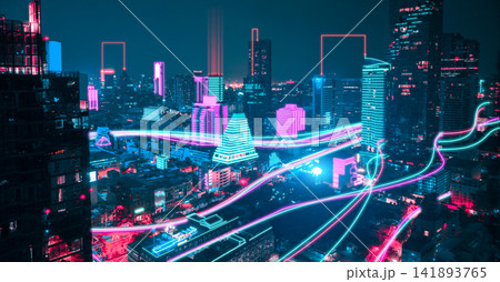 Futuristic city skyline at night with neon pink and blue cyberpunk lighting. High-tech smart city concept. For technology, innovation, and sci-fi design themes. Futuristic city skyline at night with neon pink and blue cyberpunk lighting. High-tech smart city concept. For technology, innovation, and sci-fi design themes. 141893765