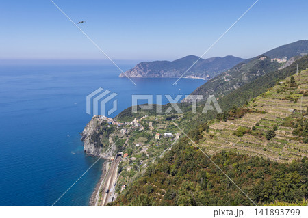 Coastal railway in Corniglia, on the Italian Riviera in Italy with terraced farming Coastal railway in Corniglia, on the Italian Riviera in Italy with terraced farming 141893799