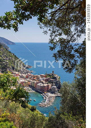 Vernazza in coastal Italy with leaf-framed village far below in clear spring weather Vernazza in coastal Italy with leaf-framed village far below in clear spring weather 141893859