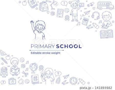 Primary school banner layout with diagonal doodle kids background line art Primary school banner layout with diagonal doodle kids background line art 141893982