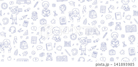 Back to school banner with education doodle kids seamless pattern line art 141893985