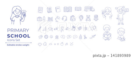 Primary school education icons set with cartoon kids line art Primary school education icons set with cartoon kids line art 141893989
