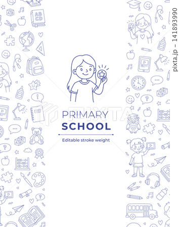 Primary school education card design with doodle background line art Primary school education card design with doodle background line art 141893990