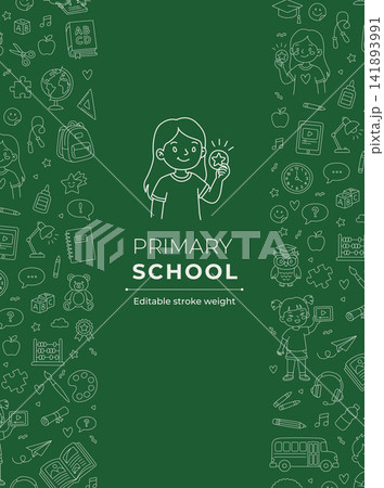 Primary school vertical presentation layout with double doodle border chalkboard green background line art Primary school vertical presentation layout with double doodle border chalkboard green background line art 141893991