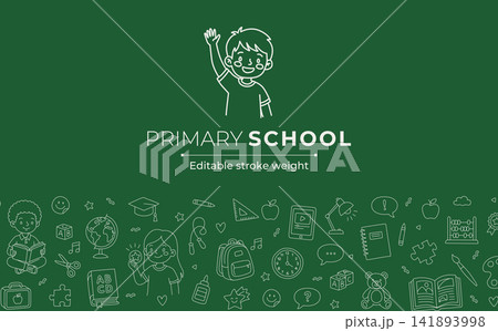 Primary school banner design with bottom doodle education chalkboard green background line art 141893998