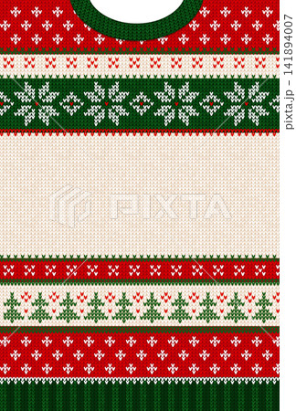 Ugly Christmas sweater knitted banner template with copy space red green 141894007