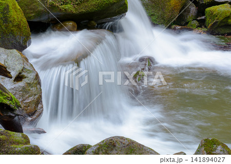 small waterfall closeup. beautiful cascade on the water stream with mossy rock small waterfall closeup. beautiful cascade on the water stream with mossy rock 141894027