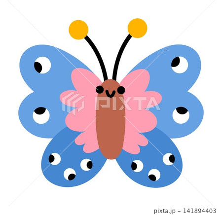 Vector cartoon flying blue butterfly with eyes on wings isolated on white. Funny African or safari insect clipart. Cute savannah bug icon for kids. Flat savanna element. Africa wildlife illustration Vector cartoon flying blue butterfly with eyes on wings isolated on white. Funny African or safari insect clipart. Cute savannah bug icon for kids. Flat savanna element. Africa wildlife illustration 141894403