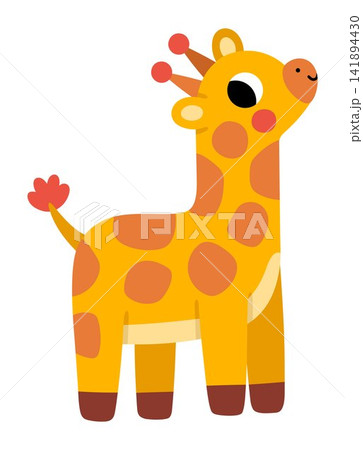 Vector cartoon baby giraffe isolated on white background. Funny African or safari little animal child clipart. Cute savannah icon for kids. Flat savanna element. Africa wildlife illustration 141894430