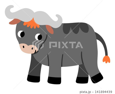 Vector cartoon buffalo isolated on white background. Funny African or safari animal clipart. Cute savannah bull icon for kids. Flat savanna element. Africa wildlife illustration Vector cartoon buffalo isolated on white background. Funny African or safari animal clipart. Cute savannah bull icon for kids. Flat savanna element. Africa wildlife illustration 141894439