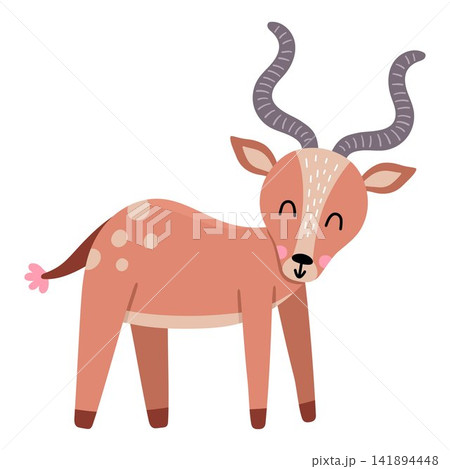 Vector cartoon antelope isolated on white background. Funny African or safari animal clipart. Cute savannah gazelle icon for kids. Flat savanna element. Africa wildlife illustration Vector cartoon antelope isolated on white background. Funny African or safari animal clipart. Cute savannah gazelle icon for kids. Flat savanna element. Africa wildlife illustration 141894448